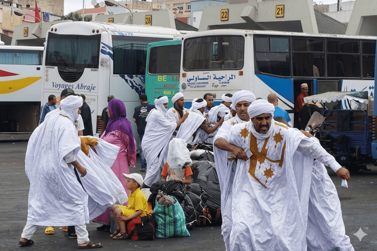 فضيحة .. سياسيو الصحراء يتدافعون في محطة أولاد زيان للركوب في الحافلات